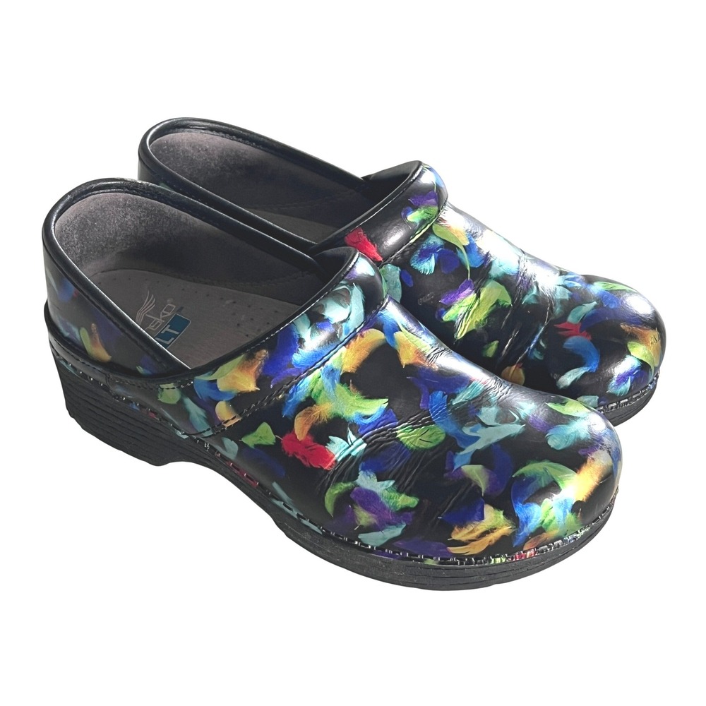 Dansko LT Pro Clogs Women 37 Black Multi Feather Print Nursing Work Shoes